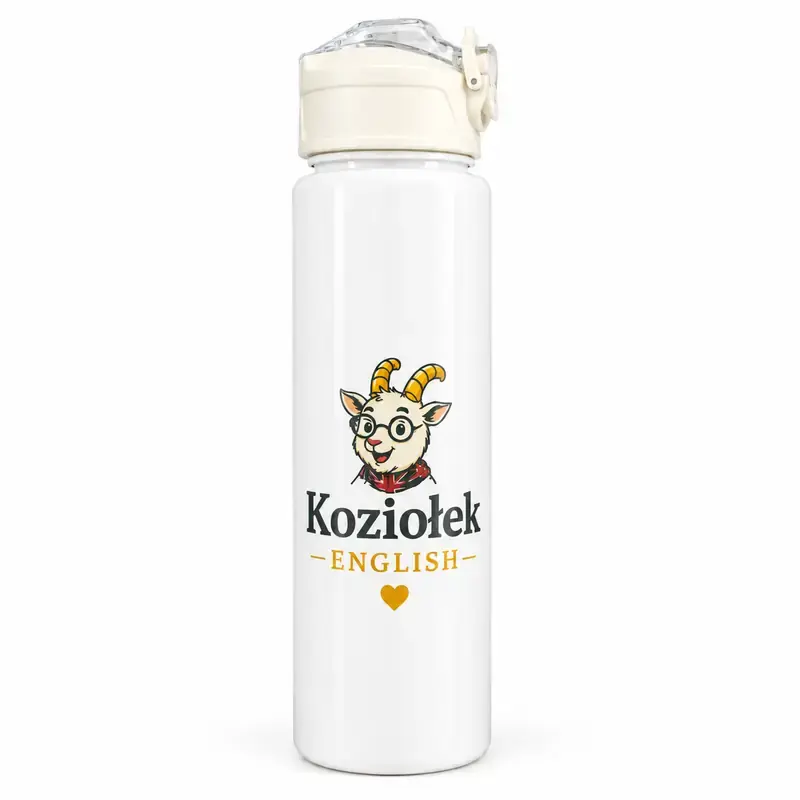 Biały bidon z kremową nakrętką i maskotką Koziołka